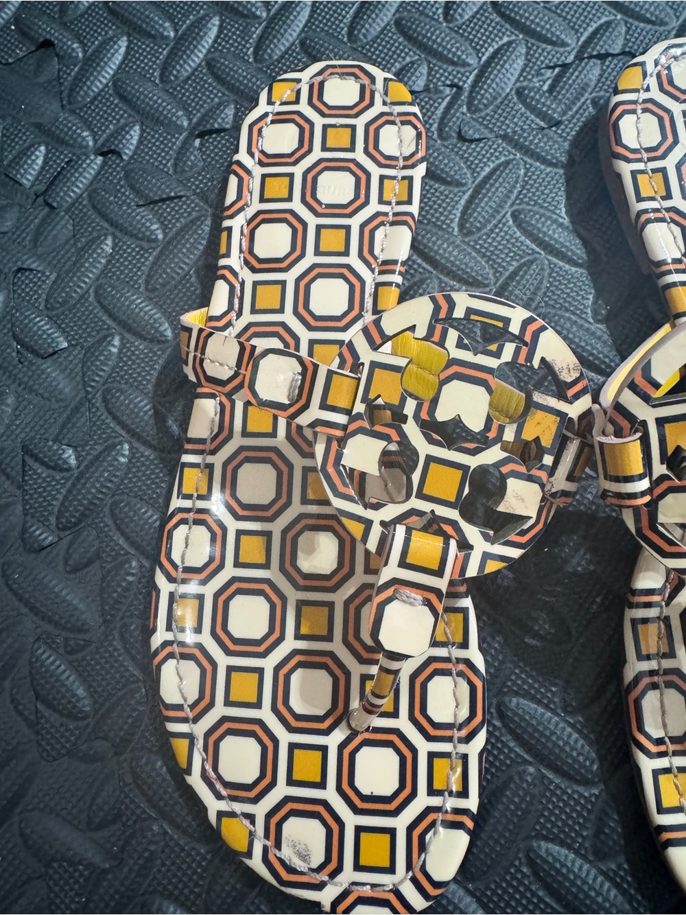 Tory Burch Geometric Yellow, White & Black Logo Thong Sandals